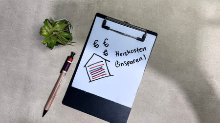 Concept of Heizkosten Einsparen on German Language write on paperwork isolated on Wooden Table. German Language it means Save on heating costsの写真素材