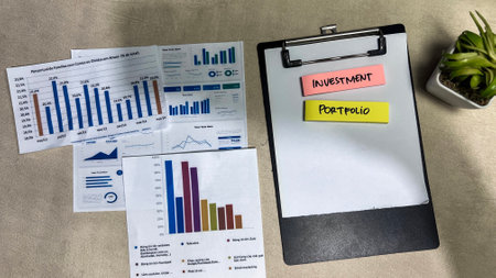 Concept of Investment Portfolio write on sticky notes isolated on Wooden Table.の写真素材