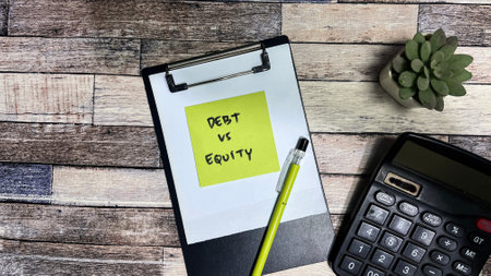 Concept of Debt vs Equity write on sticky notes isolated on Wooden Table.の写真素材