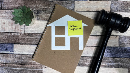 Concept of Legal Compliance write on sticky notes isolated on Wooden Table.の写真素材
