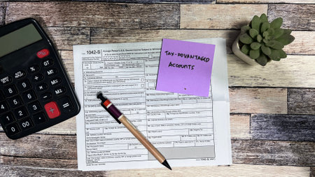 Concept of Tax-Advantaged Accounts write on sticky notes isolated on Wooden Table.の写真素材