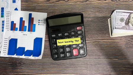 Concept of Social Security Tax write on sticky notes isolated on Wooden Table.の写真素材