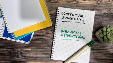 Concept of choice between Contextual Advertising and Behavioral Advertising write on book isolated on Wooden Table.の写真素材