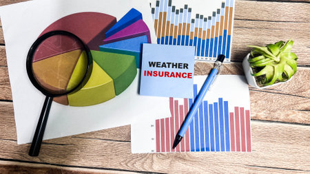 Concept of Weather Insurance write on sticky notes isolated on Wooden Table.の写真素材