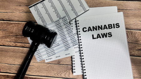 Concept of Cannabis Laws write on book isolated on Wooden Table.の写真素材