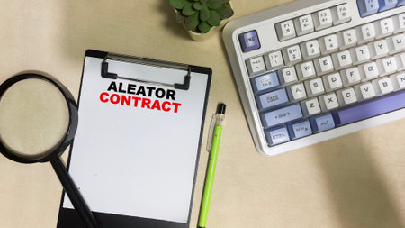 Concept of aleatory contract written on paperwork isolated on wooden table.