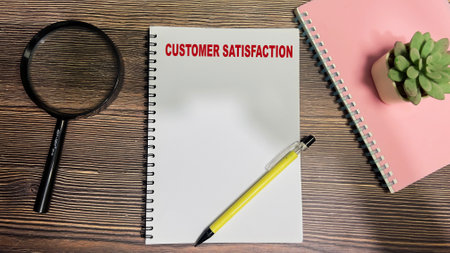 Concept of Customer Satisfaction write on book isolated on Wooden Table.