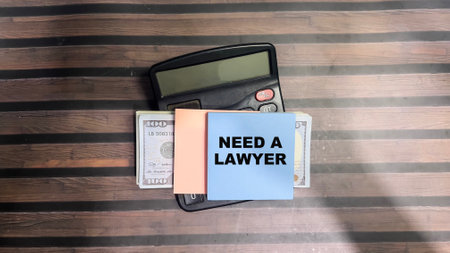 Concept of Need a Lawyer write on sticky notes isolated on Wooden Table.の写真素材