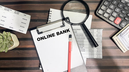 Concept of Online Bank write on paperwork isolated on Wooden Table.
