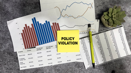 Concept of Policy Violation write on sticky notes isolated on Wooden Table.