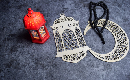 prayer beads, Lantern on dark background ramadhan of the holy month of ramadan kareemの写真素材