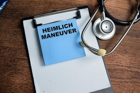 Concept of Heimlich Maneuver write on sticky notes isolated on Wooden Table.の写真素材