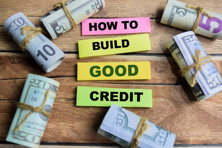 Concept word How to build good credit on wooden blocks on a wooden table with dollar billsの写真素材