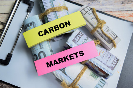 Concept of Carbon Markets write on sticky notes with dollars isolated on Wooden Table.の写真素材