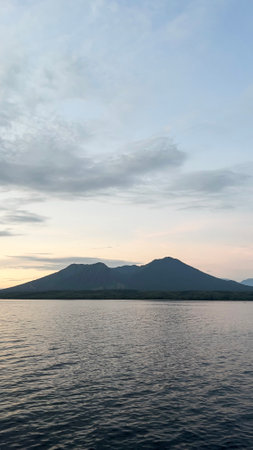 Sea landscape panorama with mountainsの写真素材