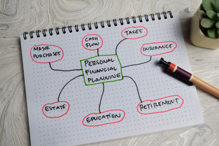 Concept of Personal Financial Planning write on book with keywords isolated on Wooden Table.