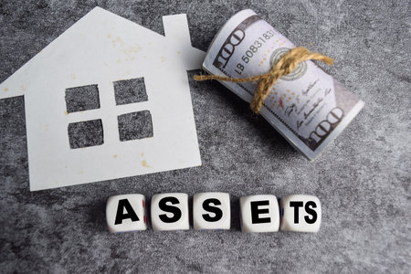 The word assets written on wooden cubes with assets icon on the tableの写真素材