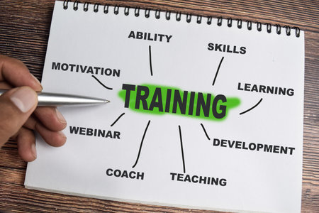 Concept of Training on book with keywords isolated on Wooden Table.の写真素材