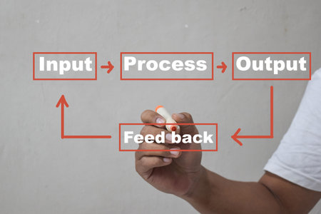 Hand of a businessman writing a business concept text of feedback idea on gray backgroundの写真素材