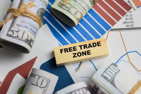 Concept of free trade zone. Wooden block with words free trade zoneの写真素材