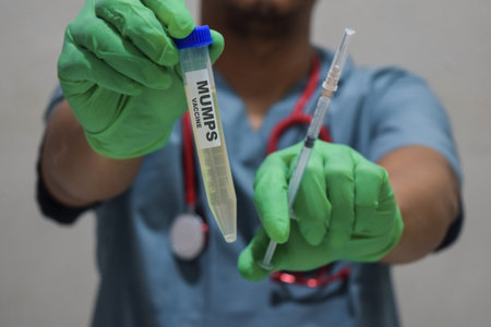 Text MUMPS vaccine of is written on a bottle with background of a doctor with a syringe in a medical...
