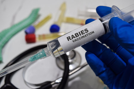 Rabies vaccination drug syringe in blue gloved hands. Medical concept