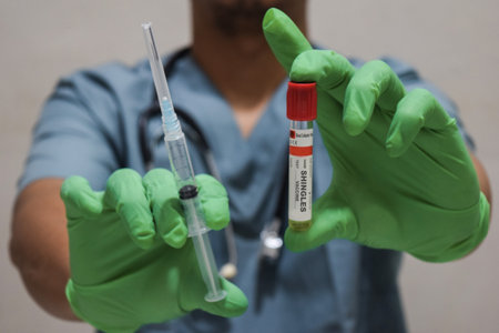 Text Shingles vaccine of is written on a bottle with background of a doctor with a syringe in a medical glove mask. Medical conceptの写真素材