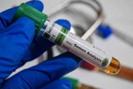 Semen analysis - Test with blood sample. Top view isolated on office desk. Healthcare or Medical conceptの写真素材