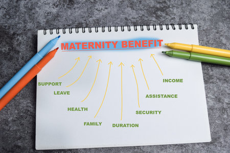 Concept of Maternity benefit write on book with keywords isolated on Wooden Table.の写真素材