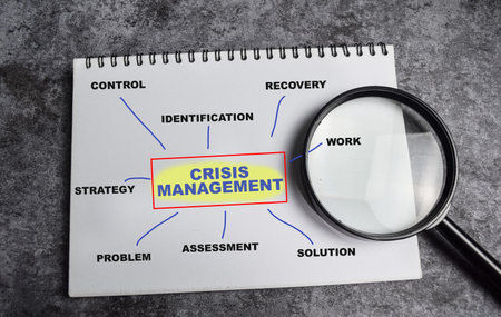 Concept of Crisis management write on book with keywords isolated on Wooden Table.の写真素材