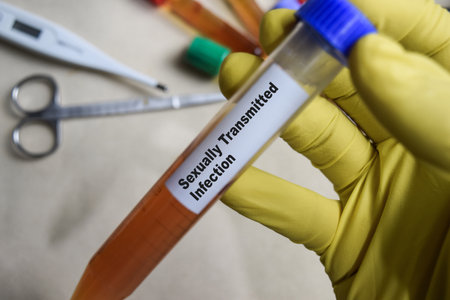 Sexually transmitted infection with blood sample in yellow gloved hands. healthcare or Medical conceptの写真素材