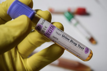 Urine drug - Test with blood sample in yellow gloved hands. healthcare or Medical conceptの写真素材