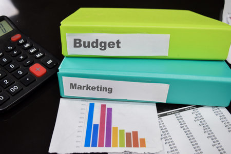 Folders with the label budget and marketing. Business management conceptの写真素材