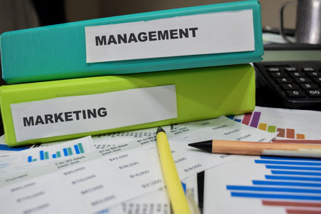 Folders with the label Management and marketing. Business management conceptの写真素材
