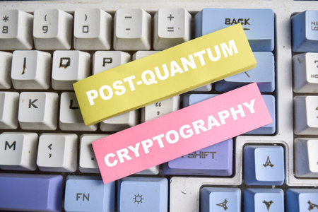 Concept of Post-quantum cryptography write on sticky notes isolated on keyboard.