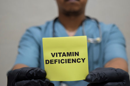 Doctor holds in hands a card with the name of the Vitamin Deficiency. Medical concept