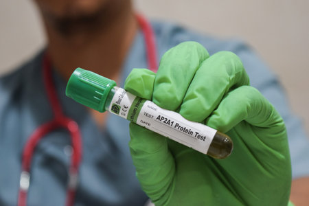 Text AP2A1 Protein test of is written on a bottle sample with background of a doctor with a medical...