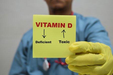 Doctor holds in hands a card with the name of the High toxic and Low deficiency of vitamin D....