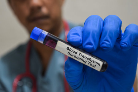 Text Blood transfusion screening test of is written on a bottle sample with background of a doctor...