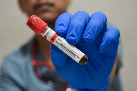 Text ANA with HEp-2 Substrate test of is written on a bottle sample with background of a doctor with...