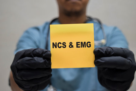 Doctor holds in hands a card with the name of the Nerve conduction study NCS - Electromyography EMG....