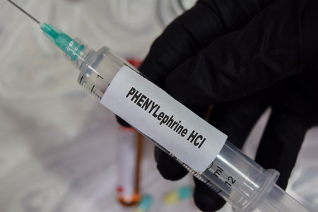 Phenylephrine HCI vaccination drug syringe in black gloved hands. Medical concept