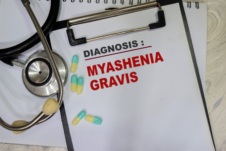 Concept of Diagnosis Myashenia gravis write on clipboard isolated on Wooden Table. healthcare and...