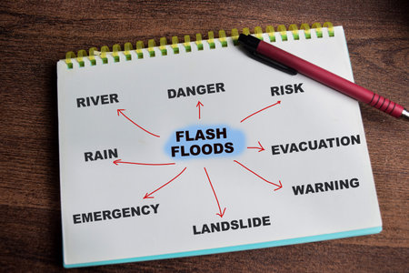 Concept of Flash floods with keyword write on book isolated on Wooden Table.