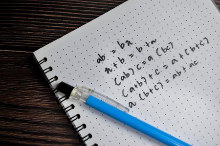 Concept of basic math operation write on book isolated on Wooden Table.の写真素材