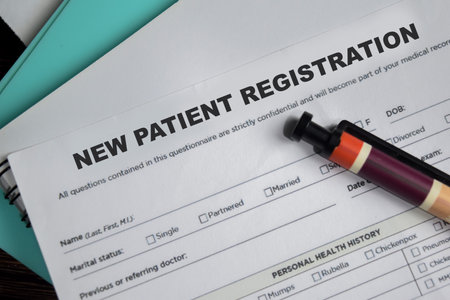 Concept of New patient registration form write on document isolated on Wooden Table.の写真素材