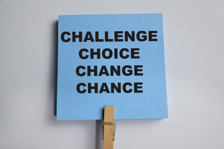 Concept of Challenge, choice, change, chance write on sticky notes isolated on Wooden Table.の写真素材