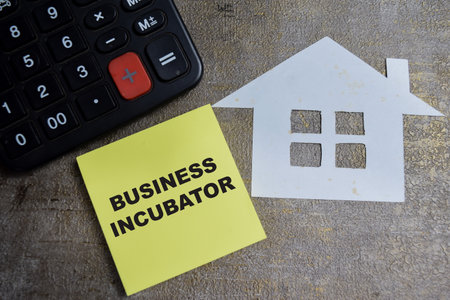 Concept of Business Incubator write on sticky notes isolated on Wooden Table.の写真素材