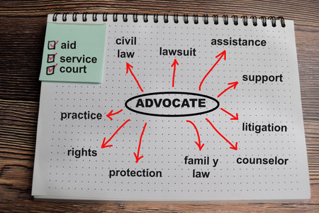 Concept of Advocate write on book with keywords isolated on Wooden Table.