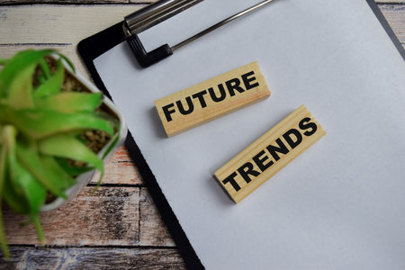 Concept of Future trends. Wooden block with words future trends. Business and finance conceptの写真素材